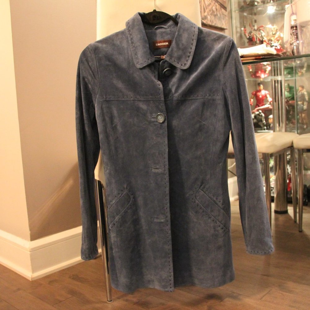 Blue suede women's coat by Cuir Danier  (2XS, UK 6-8, FR 34-36, IT 36-38)
